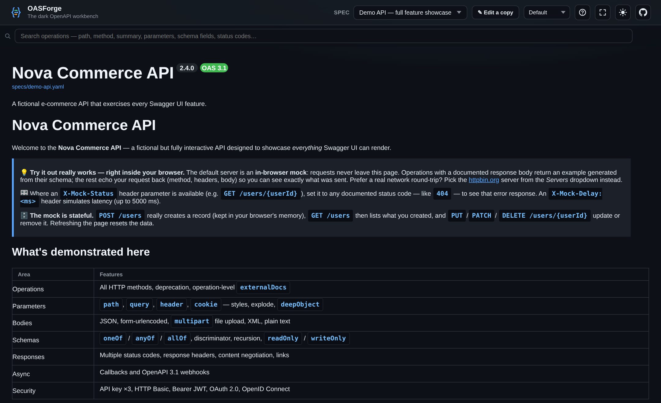OASForge workbench: the demo API rendered in dark-mode Swagger UI with operation search